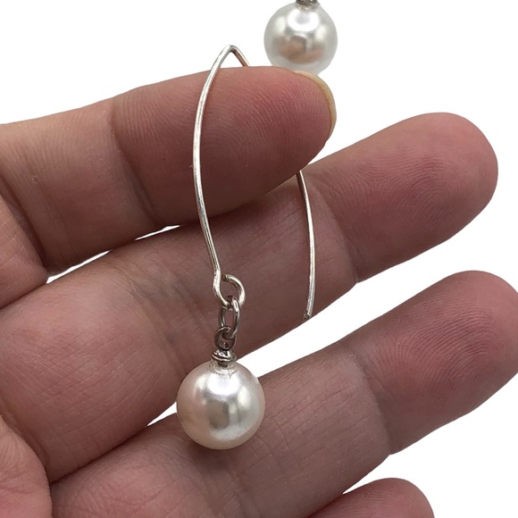 Pearl Drop Earrings Hook Minimalist White Silver Tine Statement Coastal Grandma - Picture 3 of 3